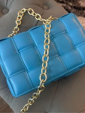 Blue Woven Leather Shoulder Bag with Gold Crossbody Chain